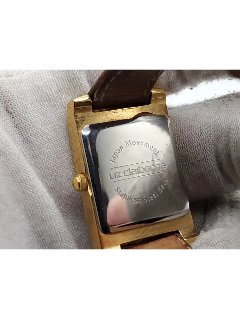 Liz Claiborne Quartz Watch Women New Battery Gold Tone White Date Dial Rectangle
